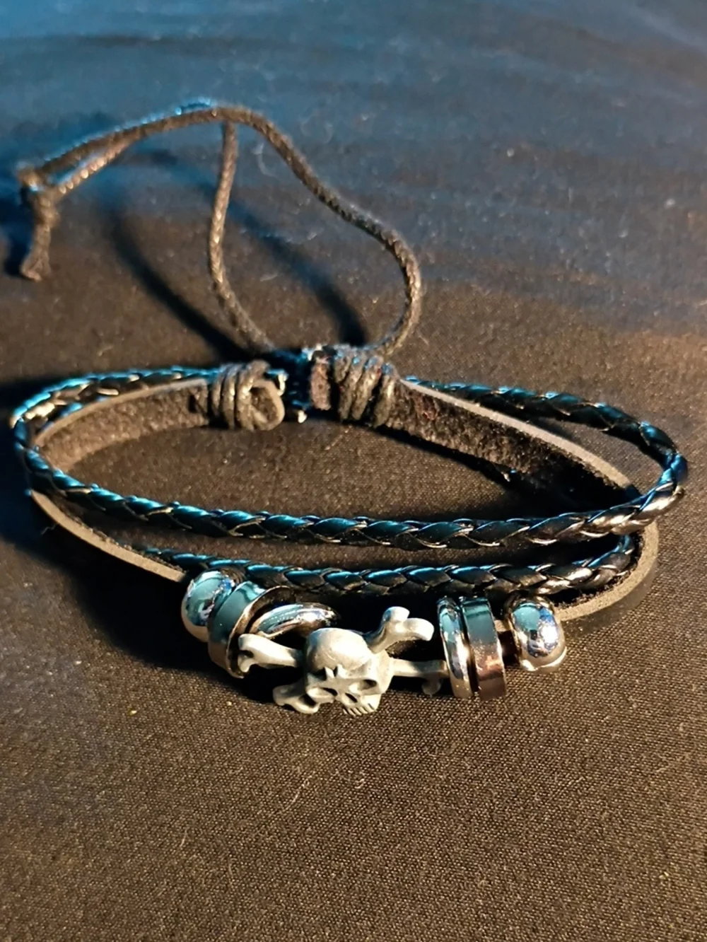 Mens Black Leather Skull & Bead Wrap Bracelet